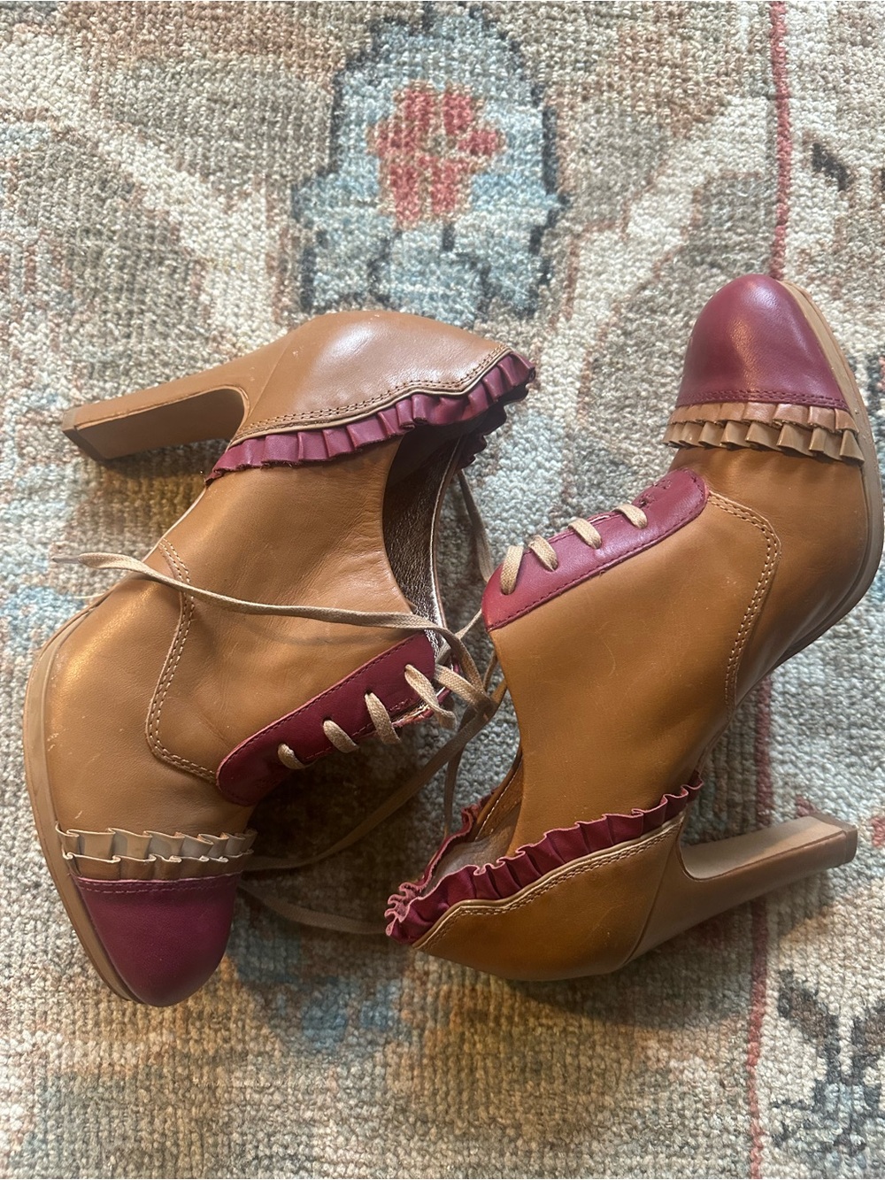 Anthropologie Women's Two-Tone Tan and Burgundy Leather Heels